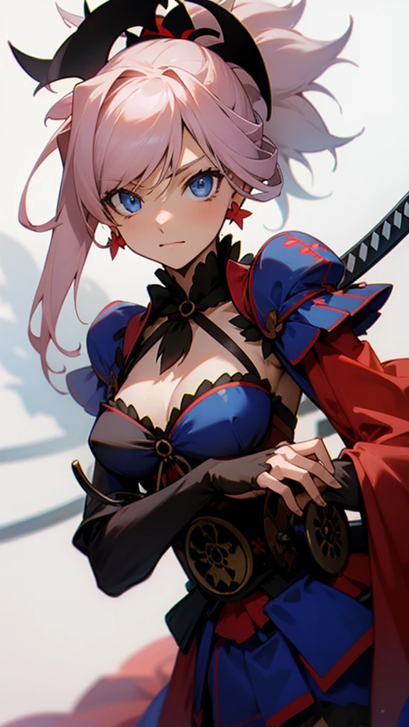 miyamoto musashi, cabello asimétrico, blue eyes, pendientes, adorno para el pelo, Cabello rosado, cola de caballo, cerraduras laterales,obra maestra anime, mejor calidad 