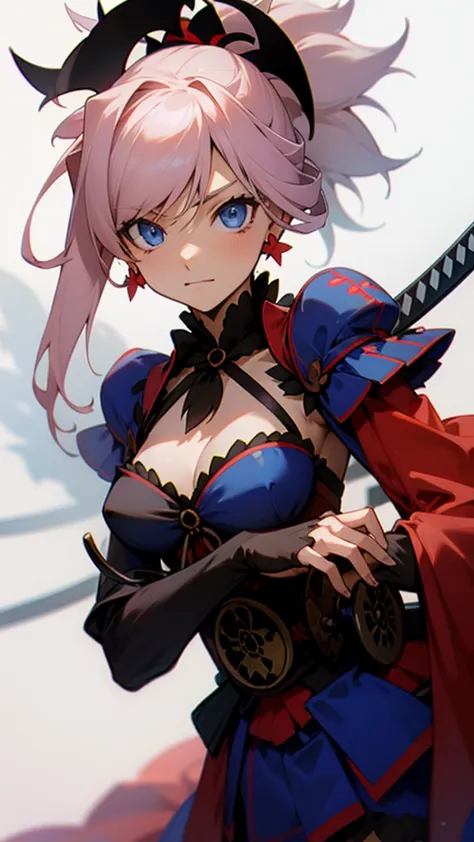 miyamoto musashi, asymmetrical hair, blue eyes, earrings, hair ornament, pink hair, ponytail, sidelocks,masterpiece anime, best ...