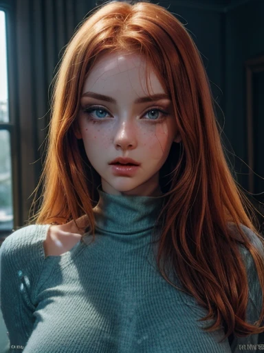 1 Irish woman, extremely beautiful and very legitimate redhead. Extremely slender, with freckles, big bright blue eyes, wearing green sweater falling down showing shoulders, symmetrical body, sensualizing, pouting with orgasmic expression, highly arousing, high quality 32k, UHD, hyper-realistic, cinematic, dynamic close-up above.