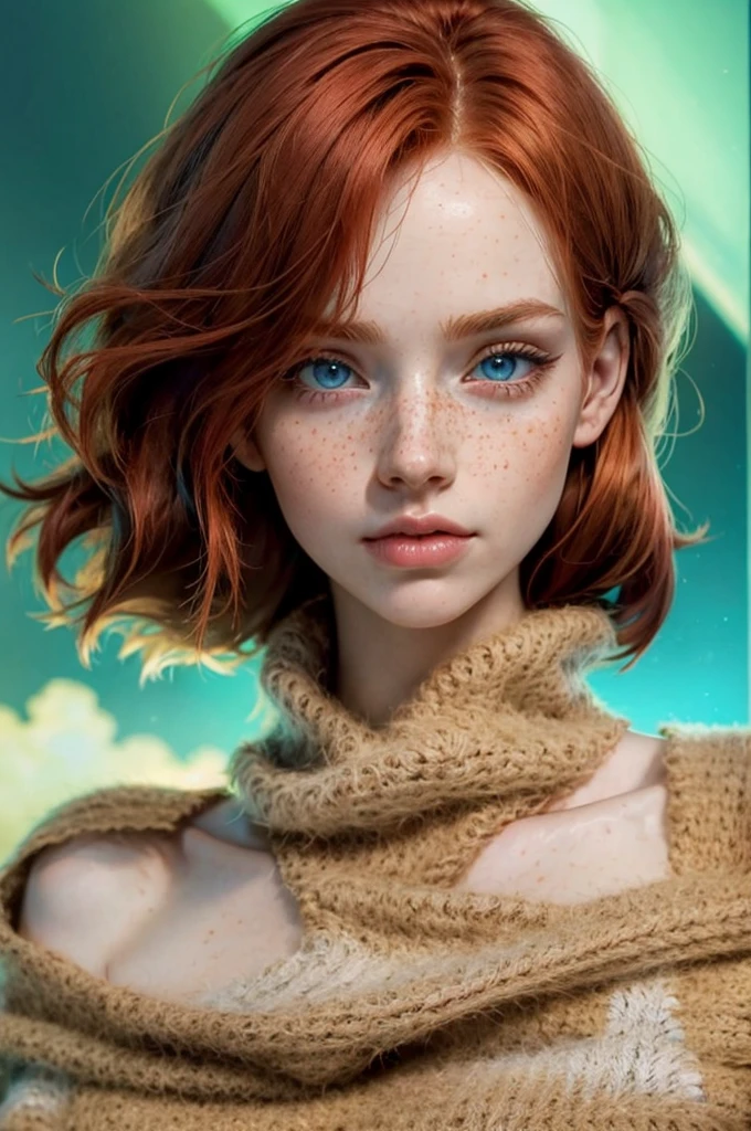 1 Irish woman, extremely beautiful and very legitimate redhead. Extremely slender, with freckles, big bright blue eyes, wearing green sweater falling down showing shoulders, symmetrical body, sensualizing, pouting with orgasmic expression, highly arousing, high quality 32k, UHD, hyper-realistic, cinematic, dynamic close-up above.