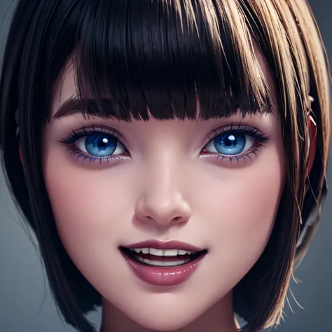 alone, beautiful face with big blue eyes, white skin, short black hair bob style, with bangs,  voluminous lips and open mouth sh...