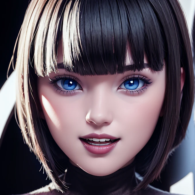 Alone, Beautiful face with big blue eyes, White skin, short black hair bob style, with bangs,  voluminous lips and open mouth showing vampire fangs, SMILE, wallpaper fanart 