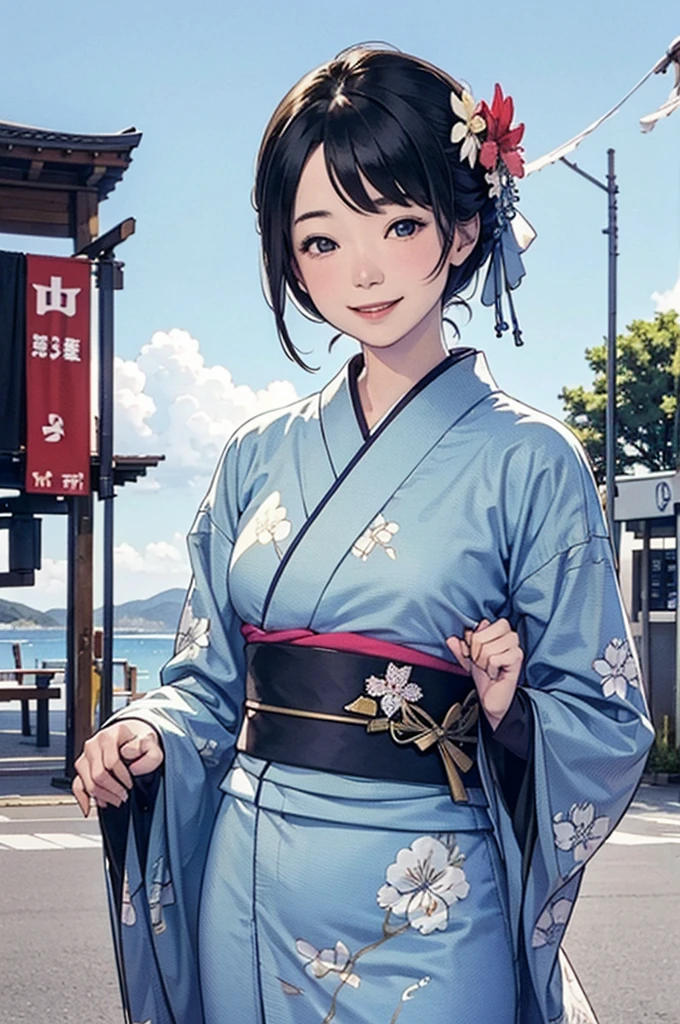 A beautiful smiling woman in a kimono greets people with a cheerful "Good morning" as her arms open under the blue sky