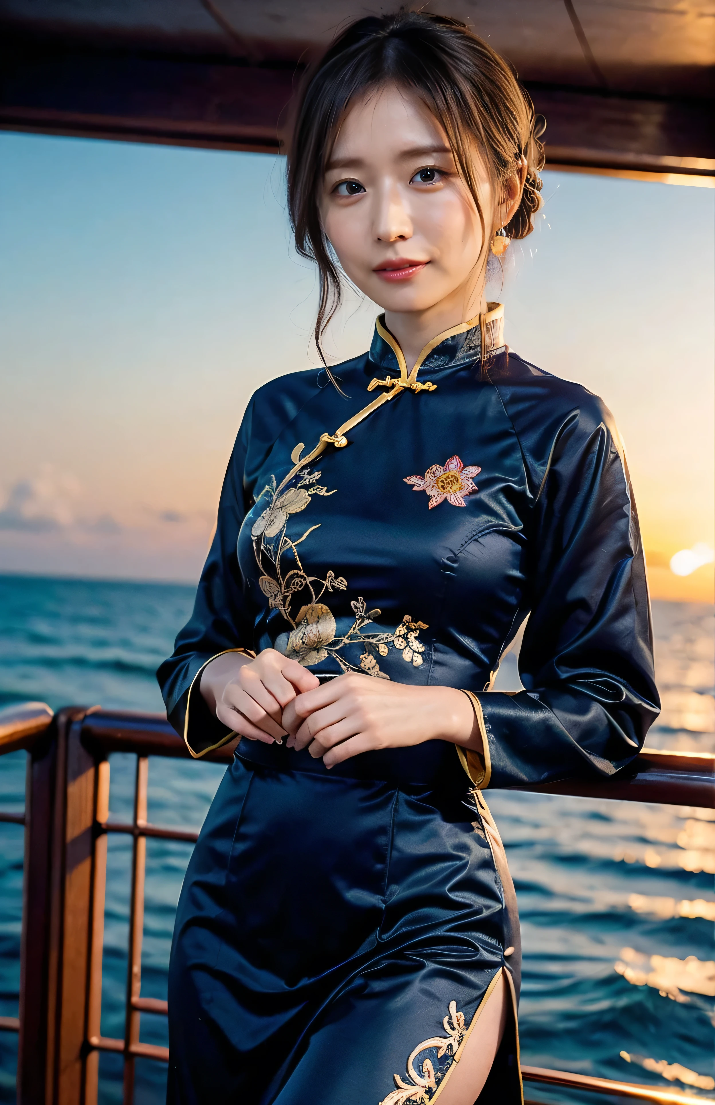The sky turns red、Gorgeous gold embroidered cheongsam、hair ornaments、Tie your hair elegantly、gorgeous silk cheongsam、((Standing on a boat and posing sexy、With embroidered long skirt、A gorgeous and shiny navy-colored Chinese dress:1.4)).A luxurious and shiny silk cheongsam、A gorgeous navy blue cheongsam with embroidery、Woman standing on a boat、Light brown hair、Elegant hairstyle、Blue Eyed Woman、A woman with a cute upward gaze、When the sky gets dark、The gentle light of the ship shines、The sky turns red as the sun sets、Tight clothing that shows your body lines、、Elegant navy blue summer knit、Elegant black summer sweater、Short skirt、Dress elegantly着こなす、Luxury Bagedium Shorthair:1.4））、Skyscrapers seen across the sea、Manhattan 私sland is visible offshore、Woman on a sightseeing boat、、The sun shines on her、Light brown hair、Light brown hair、The sky was dyed red、There are clouds、private's cute、An elegantly dressed woman is sitting on a boat and watching the sunset、Her ample breasts are obvious even through her clothes..、The shining sun is so beautiful、Dusk is approaching、Lens flare、You can see the sunset、（（Sunlight reflecting off the ocean、Ocean View、The sun shines on the ocean、&#39;beautiful.、Small earrings、private&#39;evening、Birds are also flying、、Brown Hair Color、Tying up hair、The woman is on the right:1.4））、Luxury Leather Belts、Shiny clothes、Light beige hair color、Background Blur、Braid only the front hair、Light brown hair、｛｛Cowgirl Shot｝｝、（（Close-up shot from the waist up、Ample breasts:1.4））、Smile、Silk clothing、Ample breasts that can be seen even through clothes、Braid only the front hair、Cowboy Shot、Gorgeous white collared silk shirt and brown skirt、Dress elegantly、Luxury Bags、A lovely smile、（（Ample breasts））、Full body photo、ring、Short skirt、Tuck your hair behind one ear、Silver Necklace、smile、 Elegant ponytail、Caustics、Highly detailed photos、Very beautiful and ideal short hair、Super no makeup、(8K、RAW Photos、Highest quality、masterpiece:1.2)、(Realistic、Realistic)、1 Girl、((Medium Short Hair、Looking into the camera:1.4))、Hair blowing in the wind
