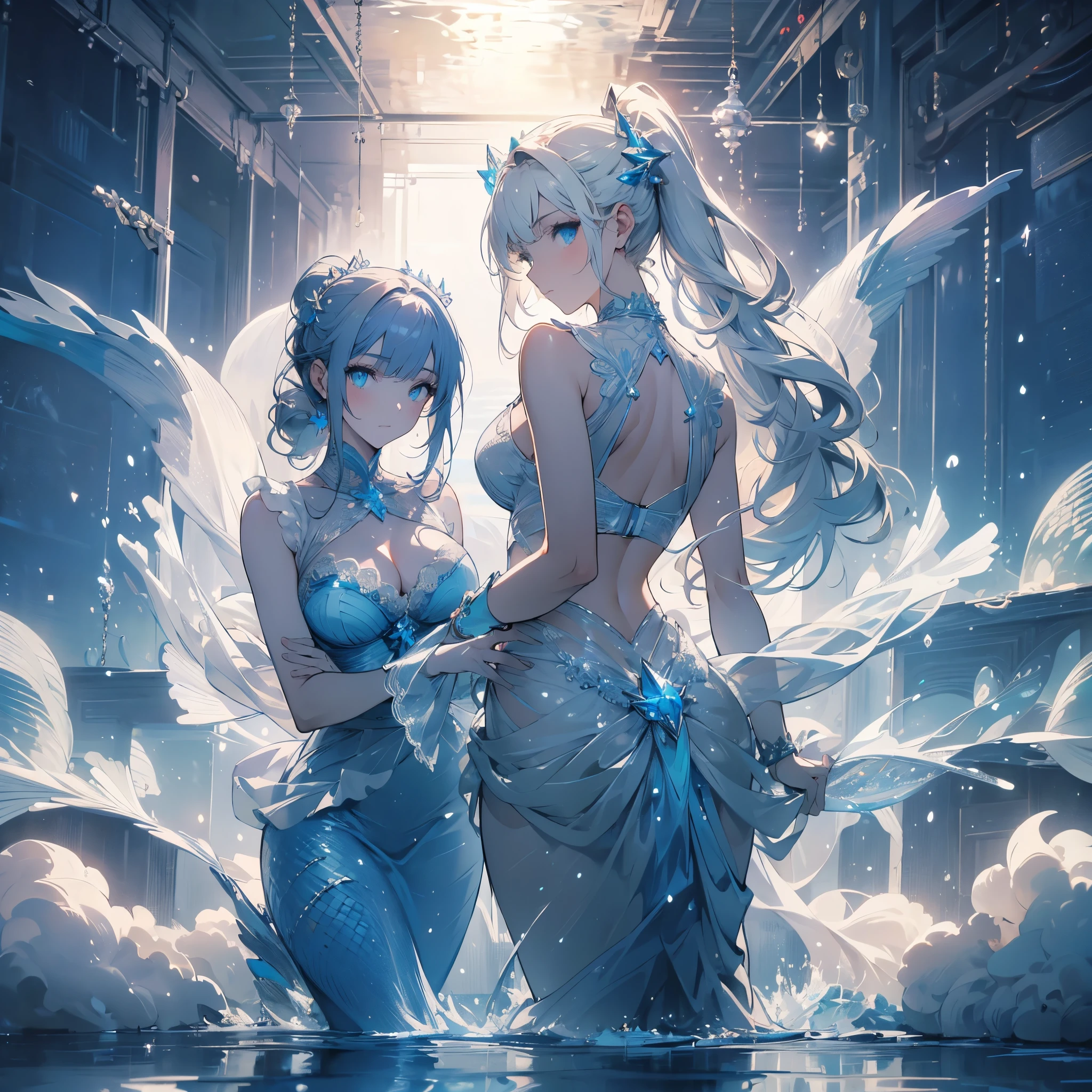 ((masterpiece, best quality)), Delicate face，silver white， Mermaid under the sea，Scales，whole body，Standing picture，Large Breasts，Gradient double ponytail，Perfect body proportions，beautiful eyes，Extremely beautiful，transparent，Pure white background，Water Ripples，Sexy Lingerie，Lace