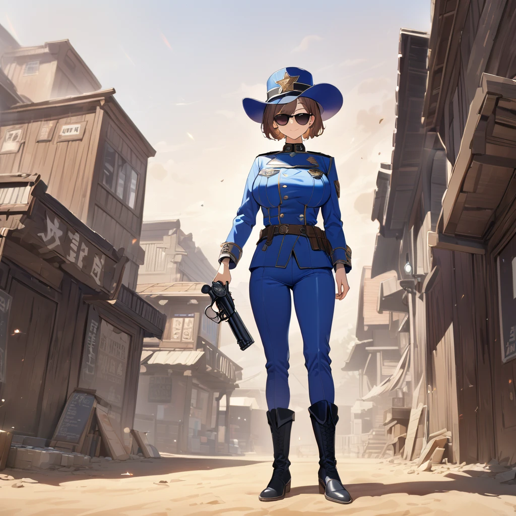 A woman wearing a blue sheriff's uniform, blue pants, blue jacket, blue cowboy boots, blue military hat, sunglasses, smiling, holding a traditional sheriff's revolver, standing on dirt ground in a western town classic, dust background, brown hair, short hair, big breasts, daytime location,UHD , prime work , accurate , anatomically correct , textured skin , super details , high quality , best quality, 8k, high resolution, bokeh effect. (woman alone),
