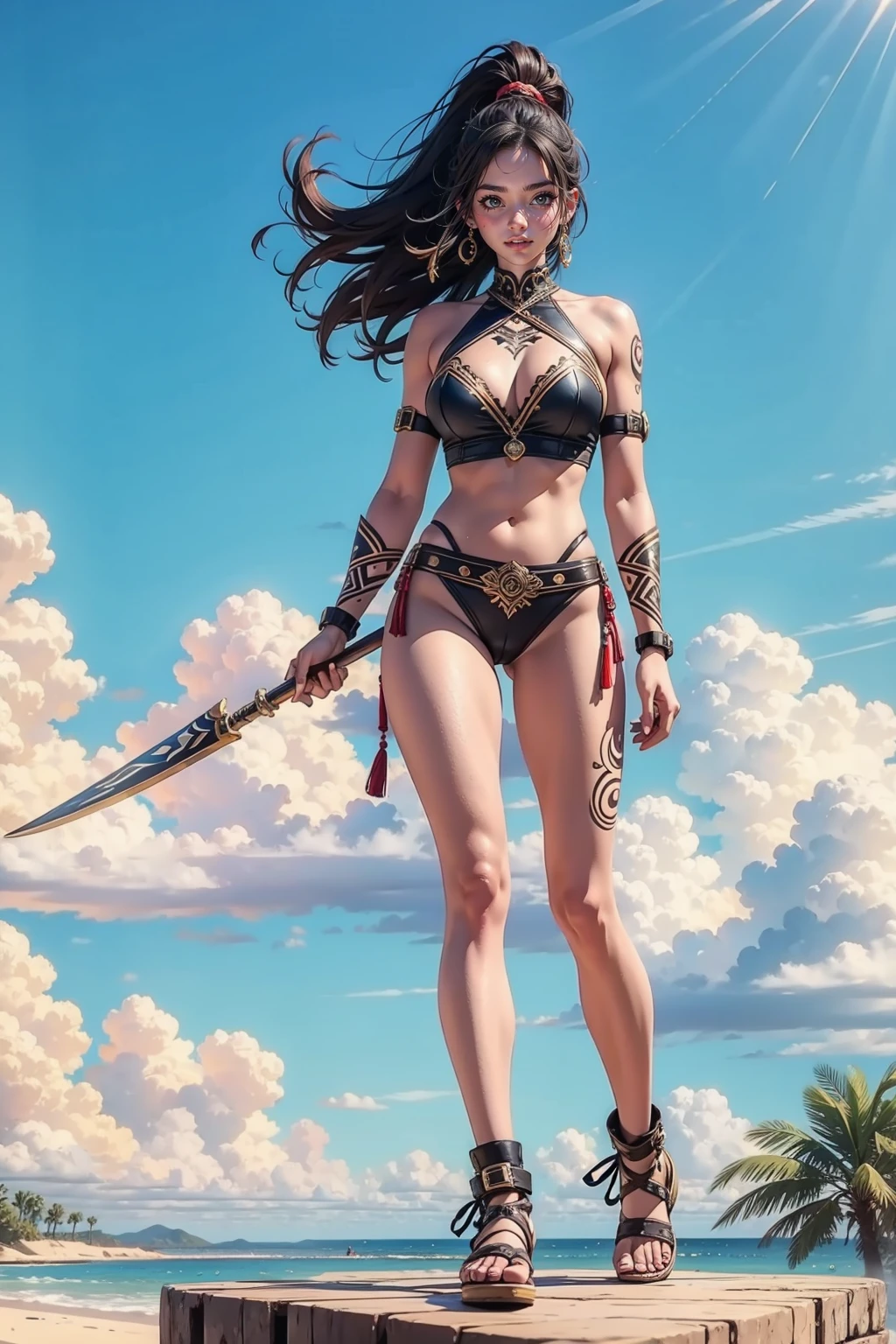 ((women amazon warrior outfit), athletic, tattoos, serious, looking at the viewer, perfect hands, beautiful face, simple_background, full body, perfect body, rounded breast