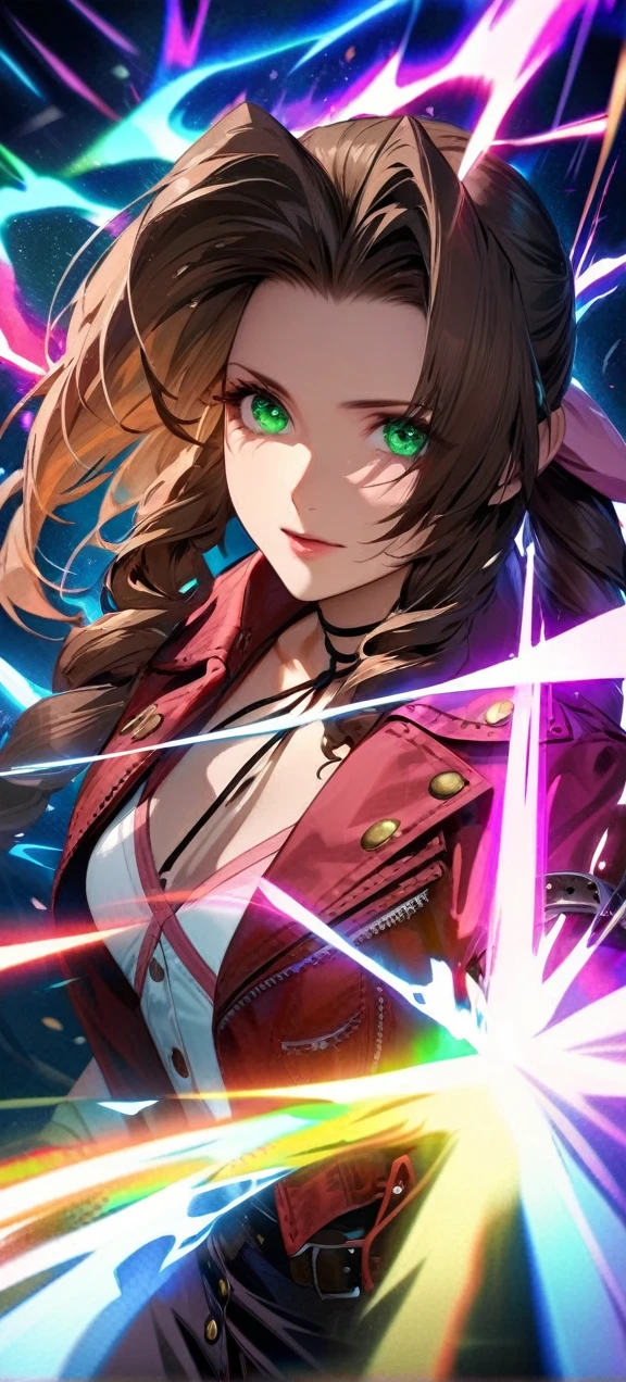 Symetrical,detailed front view,absurdres, highres, ultra detailed, HDR, masterpiece, extremely detailed face and eyes, aerith gainsborough ,final fantasy 7, , , solo, women , beautiful, ,, , beautiful fight scene,colorful flowers effect, colorful lightning effect,glowing glitters, ,colorful flames effect, colorful aura effect, colorful splashing, surrounded by colorful flowers energy