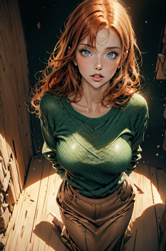 1 Irish woman, extremely beautiful and very legitimate redhead. Extremely slender, with freckles, big bright blue eyes, wearing green sweater falling down showing shoulders, symmetrical body, sensualizing, pouting with orgasmic expression, highly arousing, high quality 32k, UHD, hyper-realistic, cinematic, dynamic close-up above.