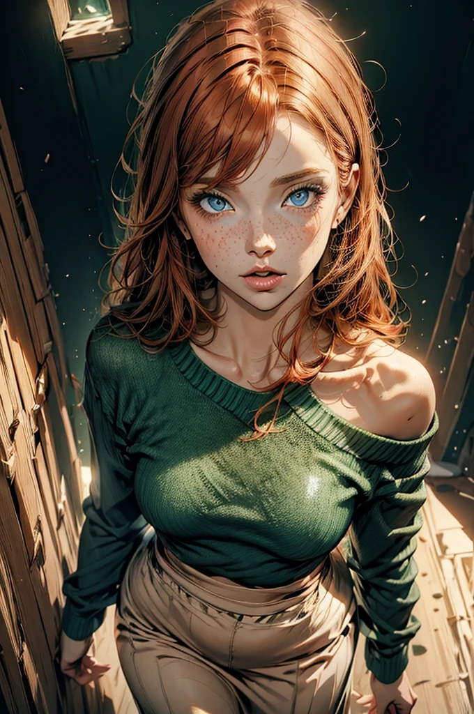 1 Irish woman, extremely beautiful and very legitimate redhead. Extremely slender, with freckles, big bright blue eyes, wearing green sweater falling down showing shoulders, symmetrical body, sensualizing, pouting with orgasmic expression, highly arousing, high quality 32k, UHD, hyper-realistic, cinematic, dynamic close-up above.