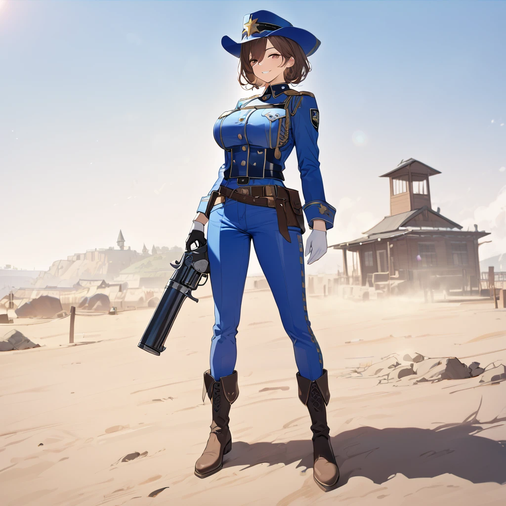 A woman wearing a blue sheriff's uniform, blue pants, blue jacket, blue cowboy boots, blue military hat, sunglasses, smiling, holding a traditional sheriff's revolver, standing on dirt ground in a western town classic, dust background, brown hair, short hair, big breasts, daytime location,UHD , prime work , accurate , anatomically correct , textured skin , super details , high quality , best quality, 8k, high resolution, bokeh effect. (woman alone),
