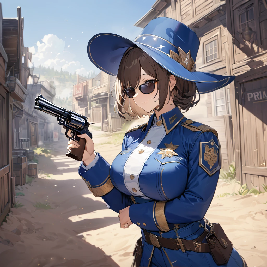 A woman wearing a blue sheriff's uniform, blue pants, blue jacket, blue cowboy boots, blue military hat, sunglasses, smiling, holding a traditional sheriff's revolver, standing on dirt ground in a western town classic, dust background, brown hair, short hair, big breasts, daytime location,UHD , prime work , accurate , anatomically correct , textured skin , super details , high quality , best quality, 8k, high resolution, bokeh effect. (woman alone), view close.
