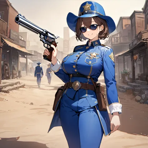 a woman wearing a blue sheriff's uniform, blue pants, blue jacket, blue cowboy boots, blue military hat, sunglasses, smiling, ho...