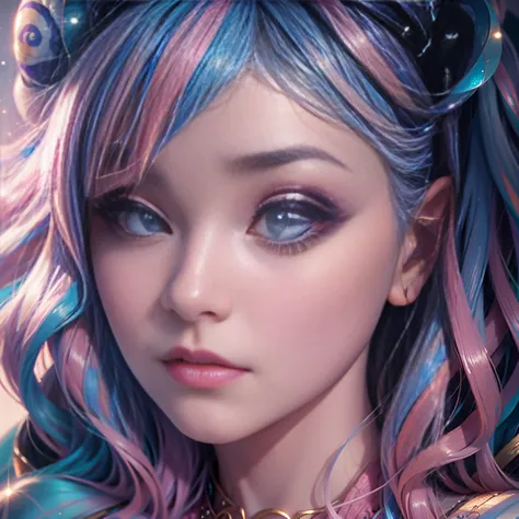 beautiful detailed woman, neckline, pink and blue hair, big eyes, almond eyes, pink makeup, blush, tender, magic effects with sp...