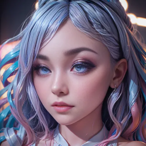 beautiful detailed woman, neckline, pink and blue hair, big eyes, almond eyes, pink makeup, blush, tender, magic effects with sp...