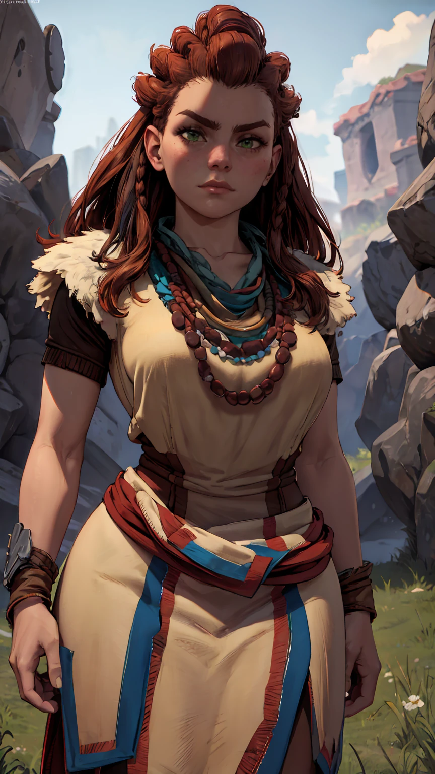 aloy,red hair,long hair,green eyes, tribal,dress,necklace,serious, standing,upper body, outdoors, (insanely detailed, masterpiece, beautiful face, best quality),solo,