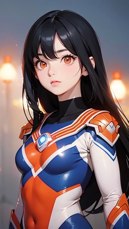 Highest quality、Realistic、girl、look up、cute、Orange Eyes、Black Hair、Straight hair、Long Hair、Please comb your hair、Red and blue Ultraman suit、Robust、muscle