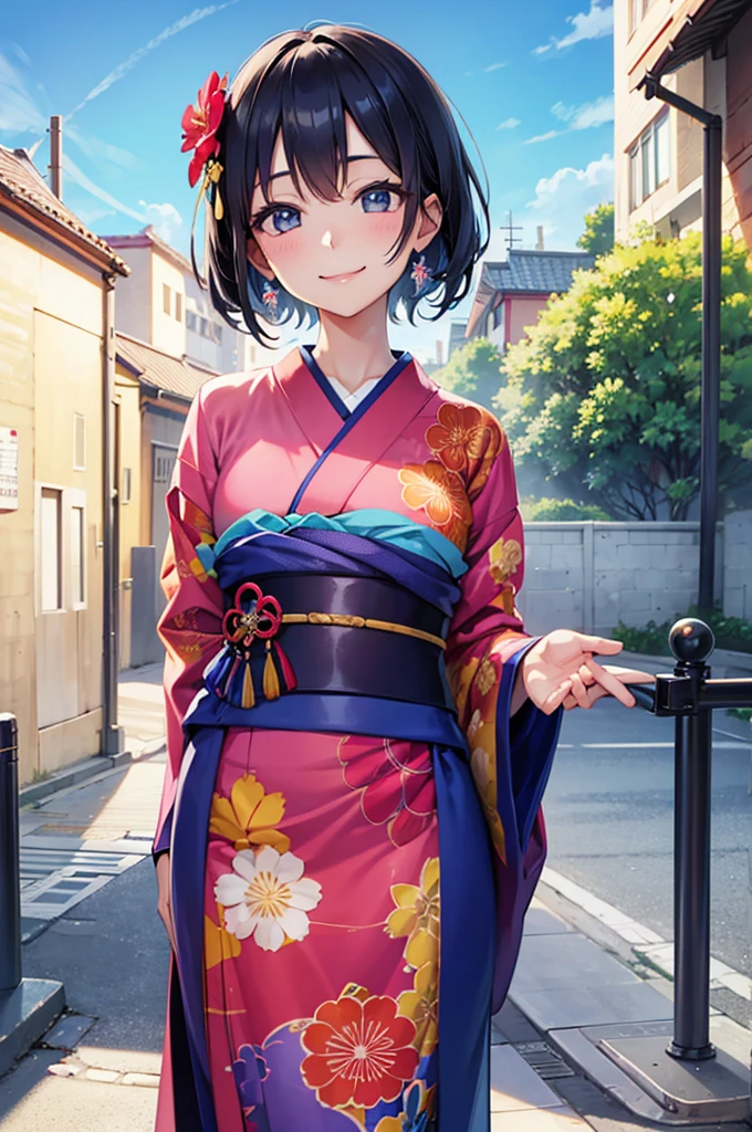 A beautiful smiling woman in a kimono greets people with a cheerful "Good morning" as her arms open under the blue sky