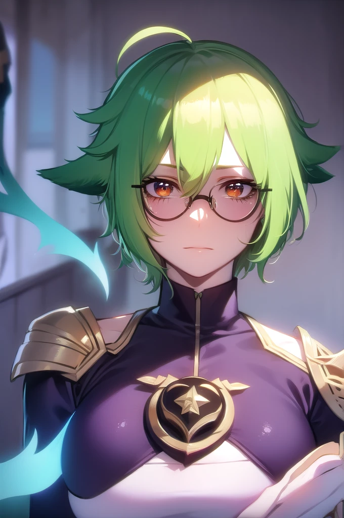 sucrose, ahoge, animal ears, (brown eyes:1.1), glasses, green hair, hair between eyes, messy hair, multicolored hair,  short hair,
BREAK  (semi-rimless eyewear,:1.4)
BREAK looking at viewer, full body, upper body,
BREAK outdoors, city, sky,
BREAK (masterpiece:1.2), best quality, high resolution, unity 8k wallpaper, (illustration:0.8), (beautiful detailed eyes:1.2), extremely detailed face, perfect lighting, extremely detailed CG, (perfect hands, perfect anatomy),