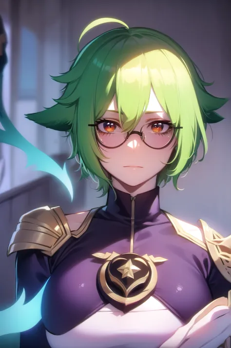 sucrose, ahoge, animal ears, (brown eyes:1.1), glasses, green hair, hair between eyes, messy hair, multicolored hair,  short hai...