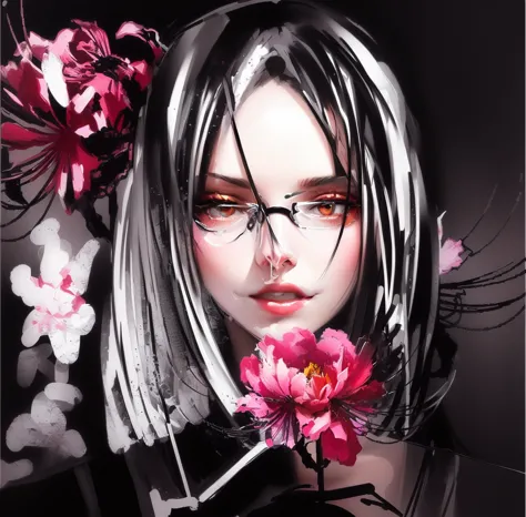 Painting of a woman with glasses and a flower in her hair, in the style of black and white graphics, Girl with flowers, graphic ...