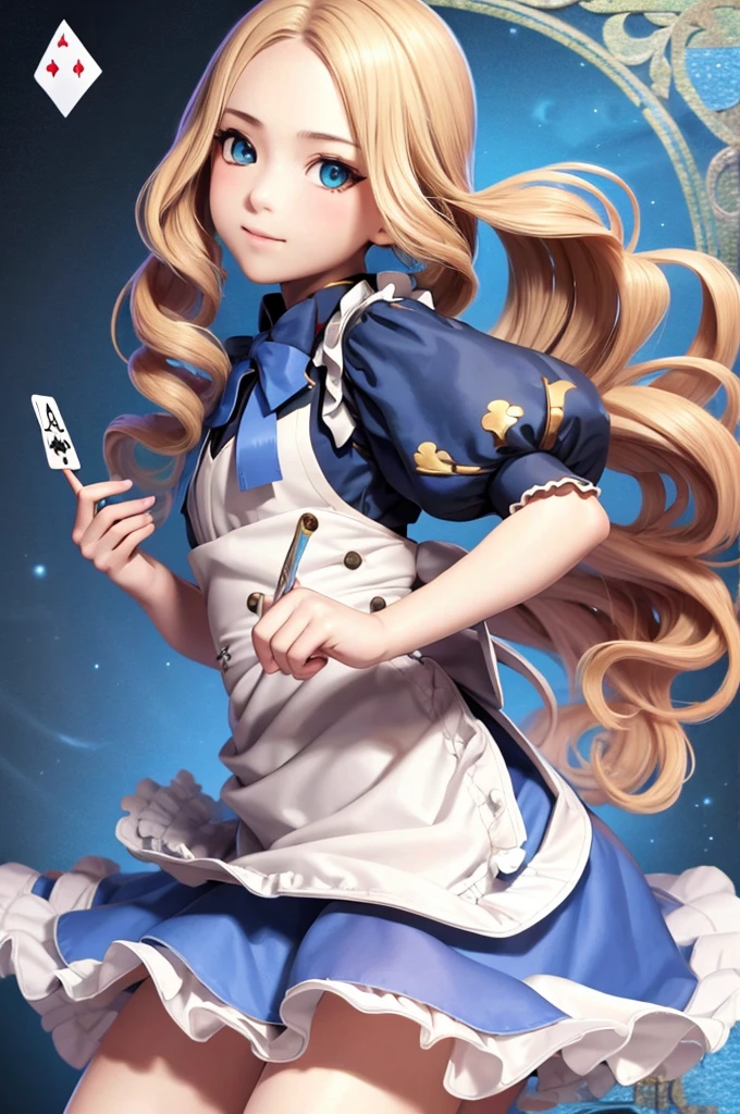 highest quality, ultra high resolution, realistic, cute girl pictures, detailed face, (Pueros face_V1:0.008), alice in wonderland, 13yo, blonde wavy hair, white apron, blue clothes, playing card pattern background, no makeup