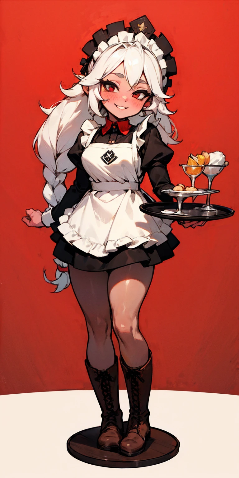 full body standing straight symmetrical, lustful smirking smile face red blush red cheeks, looking at viewer, holding tray, braid, maid headdress, maid, dress, apron, long sleeves, brown pantyhose, long leather militar boots, thighs, long white hair, masterpiece