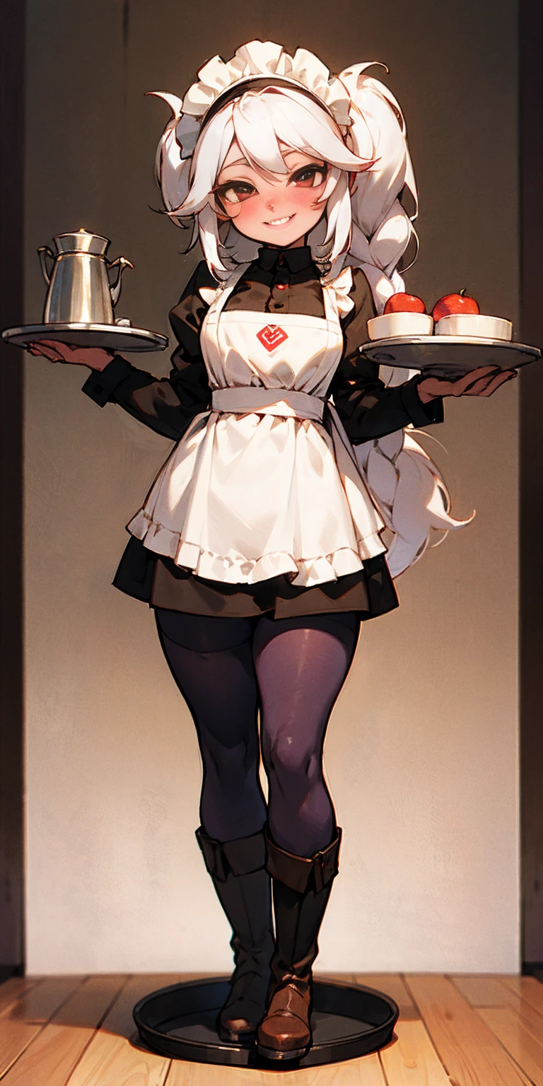 full body standing straight symmetrical, lustful smirking smile face red blush red cheeks, looking at viewer, holding tray, braid, maid headdress, maid, dress, apron, long sleeves, brown pantyhose, long leather militar boots, thighs, long white hair, masterpiece