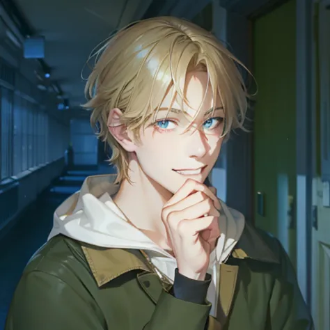 blond man smiling at spectator in a dark school hallway at night