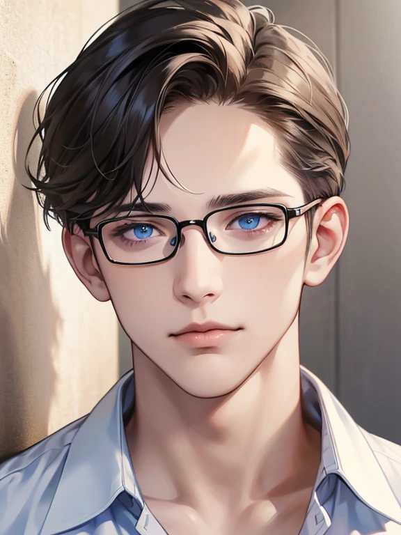 masterpiece, best quality, 1male, brunette hair, blue eyes, glasses, white shirt, mugshot, wall background, detailed eyes, detailed facial features, realistic and high resolution (best quality, 4k, 8k, highres, masterpiece:1.2)