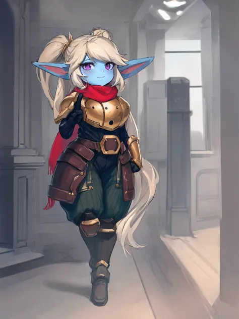 (poppy:1.1), curvy, (colored skin:1.2), armor, [green pants:0.3], scarf, full body, peace sign, [::d:0.5], meadows, best quality