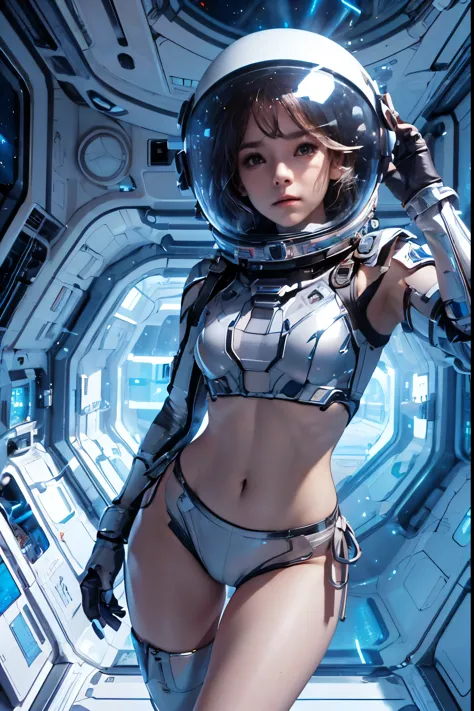 a girl in a spacesuit, belly fully exposed, bare waist,Tiro de cowboy, in space, desolate alien cold planet, frosty，transparent ...