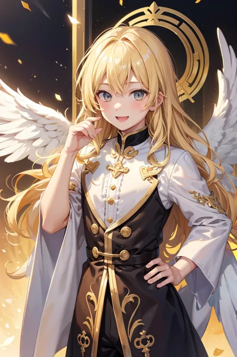 very young man with blonde wavy hair, semi-round face, golden eyes, big smile, cute, with white angel wings