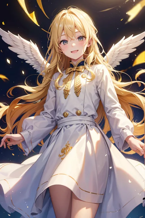 very young man with blonde wavy hair, semi-round face, golden eyes, big smile, cute, with white angel wings