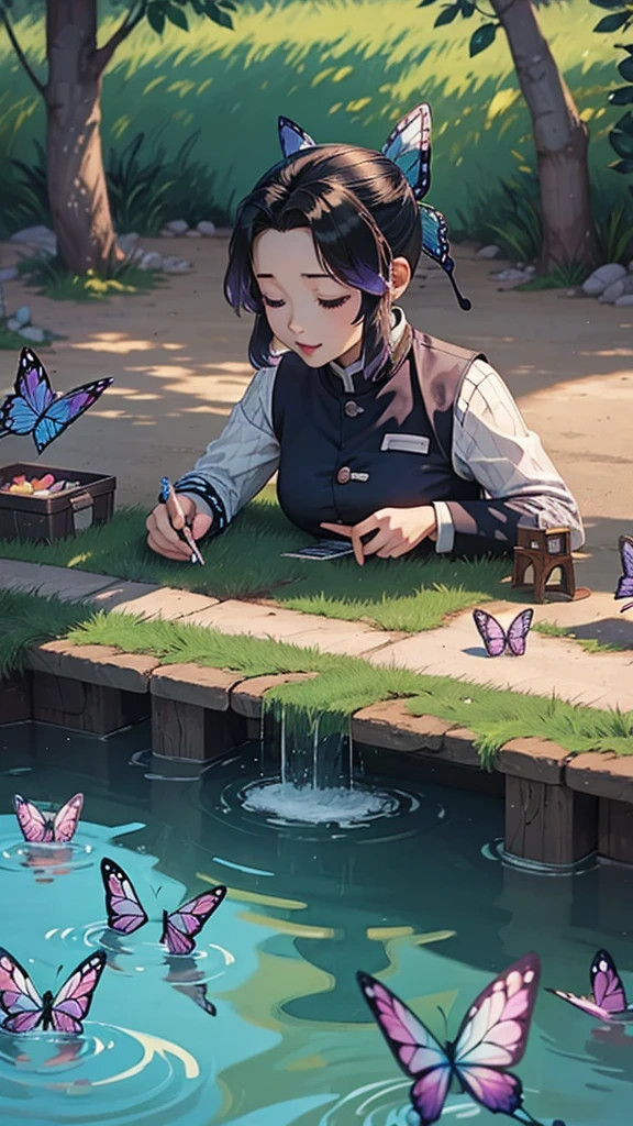 cute、Mini character、Mysterious lake and cave、Butterflies are fluttering、A school uniform with a butterfly-like haori、Poisonous、comics 