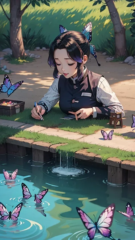 cute、Mini character、Mysterious lake and cave、Butterflies are fluttering、A school uniform with a butterfly-like haori、Poisonous、c...
