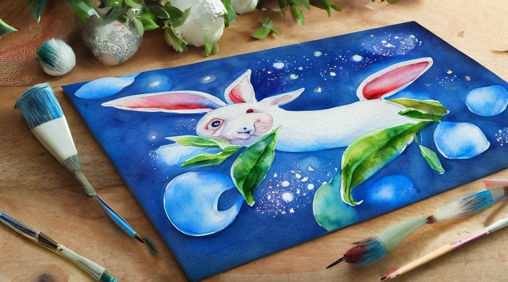 眠っているウサギ 感情的な水彩画 とても美しい 超高品質 ファンタジー 青い画像 - SeaArt AI