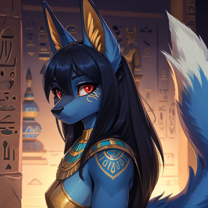 Teenage girl, the debt, furry, dark blue skin with aqua blue, hairy,Anubis, egyptian goddess, arabic clothing(developer)high tail hairstyle, Fox tail,long hair normal bust, blue tattoos, Red eyes, realistic pupils, High Definition, long blue tail, blue fur