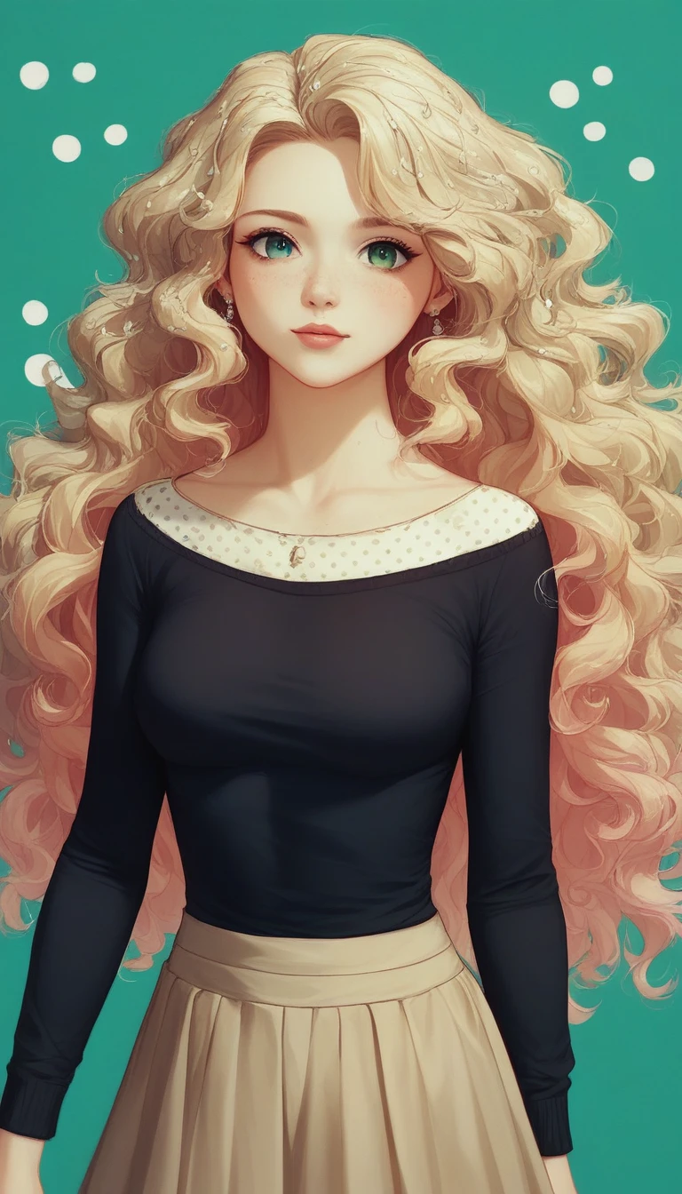 Ultra-realistic CG K ,((premium、8k、32k、Masterpiece、NFFSW:1.3)), (superfine illustration)、(super high resolution), (((adult body))), (Masterpiece, Best Quality:1.2),a beautiful girl，Skin details processing..，The eyes are finely described..，delicate hair，long wavy hair，long light hair，She has a big bow on her head.，black sweater，white dots，Skirt，green，clean background