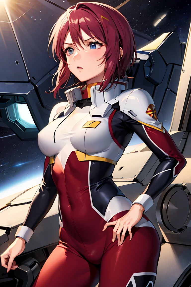 anime「Gundam SEED freedom」Detailed illustrations of female pilots featured in。she「compass」I belong to、I have short hair.。she動きやすいようにデザインされた、He is wearing a futuristic and stylish pilot suit.。The suit has a highly technical look、Mr.々There is a panel、sheヘルメットを腕に抱えています。His expression was calm and determined.、It reflects her experience and skills.。The background suggests a high-tech hangar or space battlefield.。The overall style matches the aesthetics of the Gundam SEED series.、Pay attention to the details in the suit design and character features。