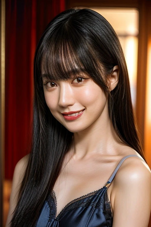 (realistic, photo-realistic:1.4), (masterpiece, best quality:1.2), RAW photo, high resolution, intricate details, extremely detailed, realistic and sharp details, cinematic lighting, portrait, face focus, frontal photography, solo, 1girl, a 22 years old Japanese woman, dark hair, (straight hair, blunt bangs), thin body, detailed face, detailed eyes, sophisticated nose, pale skin, collarbone, smaller breasts, flat chest, (cheerful grin, smile, parted lips), photo background, indoors,,,