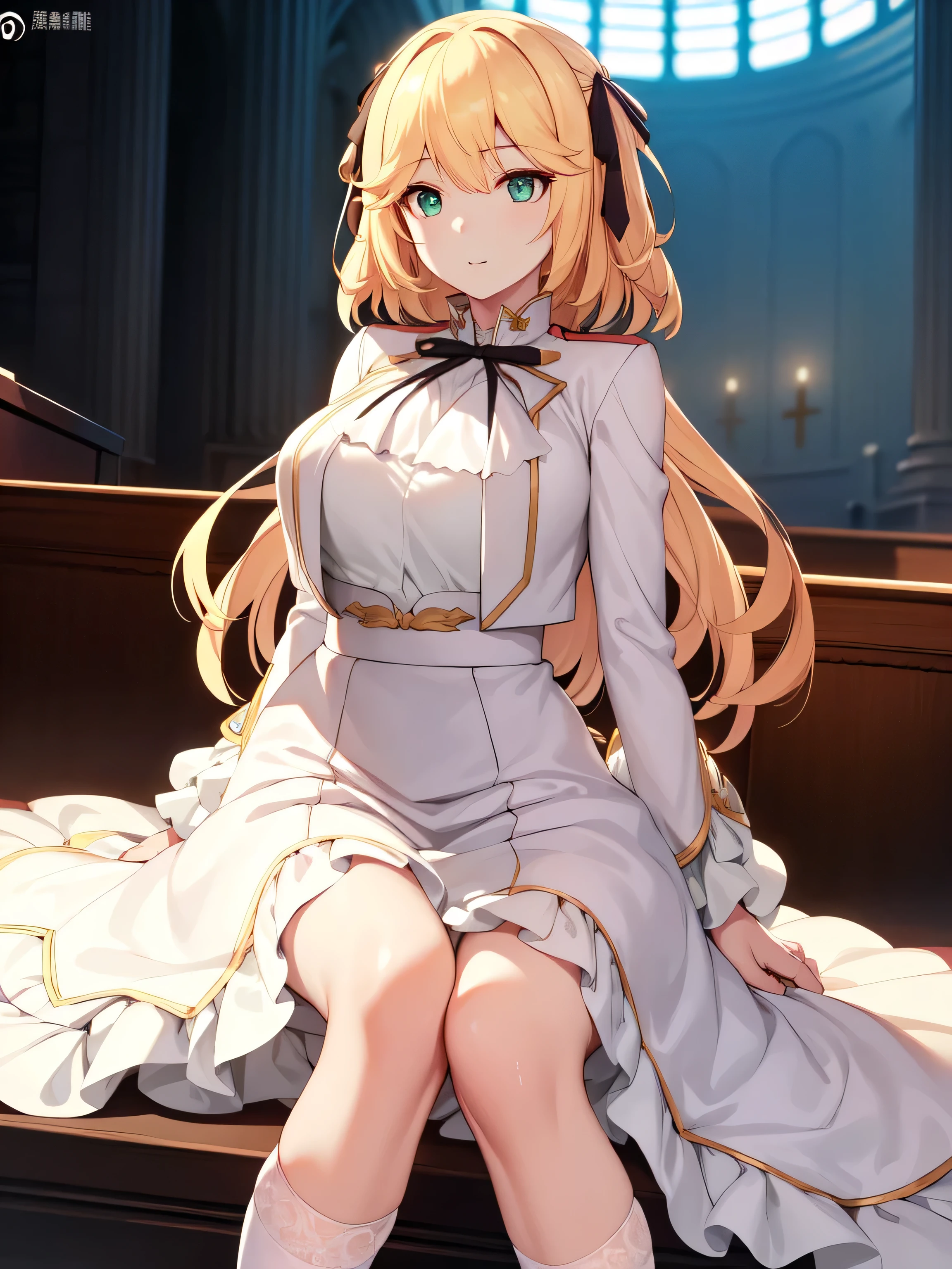 A girl，Long hair, bangs, Blonde hair, Hair between the eyes, s eyes:（1.5),  (Large Breasts:1.2), 
rest clavicle, Wedding dress，Veil，wedding，White Dress，Flowers，The skirt is broken，White socks，Tights，White knee socks，
Looking at the audience, whole body,
indoors, church，permanent，permanent，
rest (masterpiece:1.2), best quality, high resolution, Unity 8K wallpaper, (illustration:0.8), (Beautiful and delicate eyes:1.6), Extremely detailed face, Perfect lighting, Extremely detailed CG, (Perfect hands, Perfect anatomical structure),