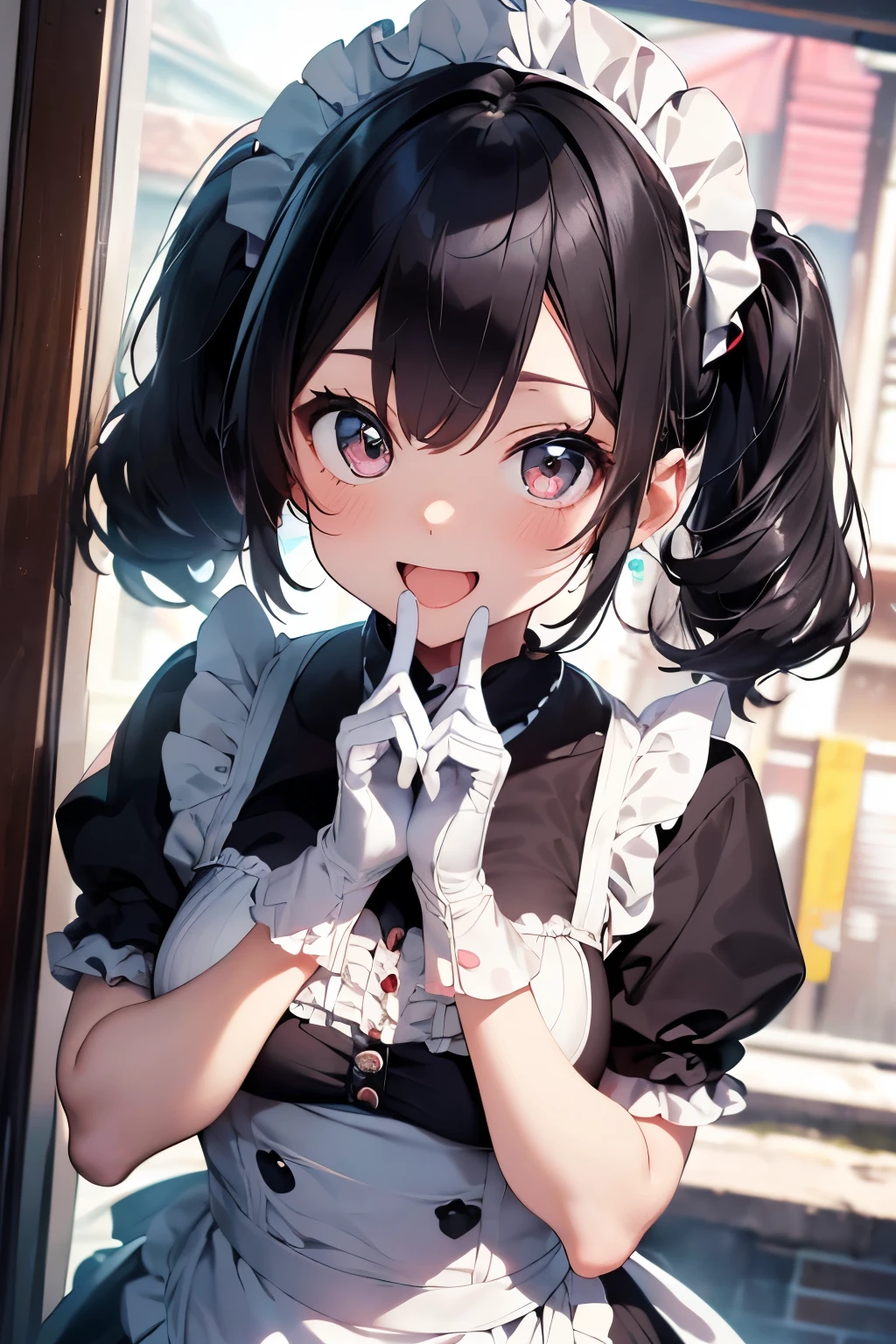 chibi character,maid motif,(brush),((cute,kawaii,wonderland)),((pastel color)),((Cute assortment)),(A big smile with an open mouth),((hand heart:1.1)),((Showa era maid outfit with lots of frills:1.3)),Shiny hair,(Natural Color),((Headdress:1.2)),(Retro、modern:1.25),(Black hair twin tails:1.25),(gloves、Gloves).