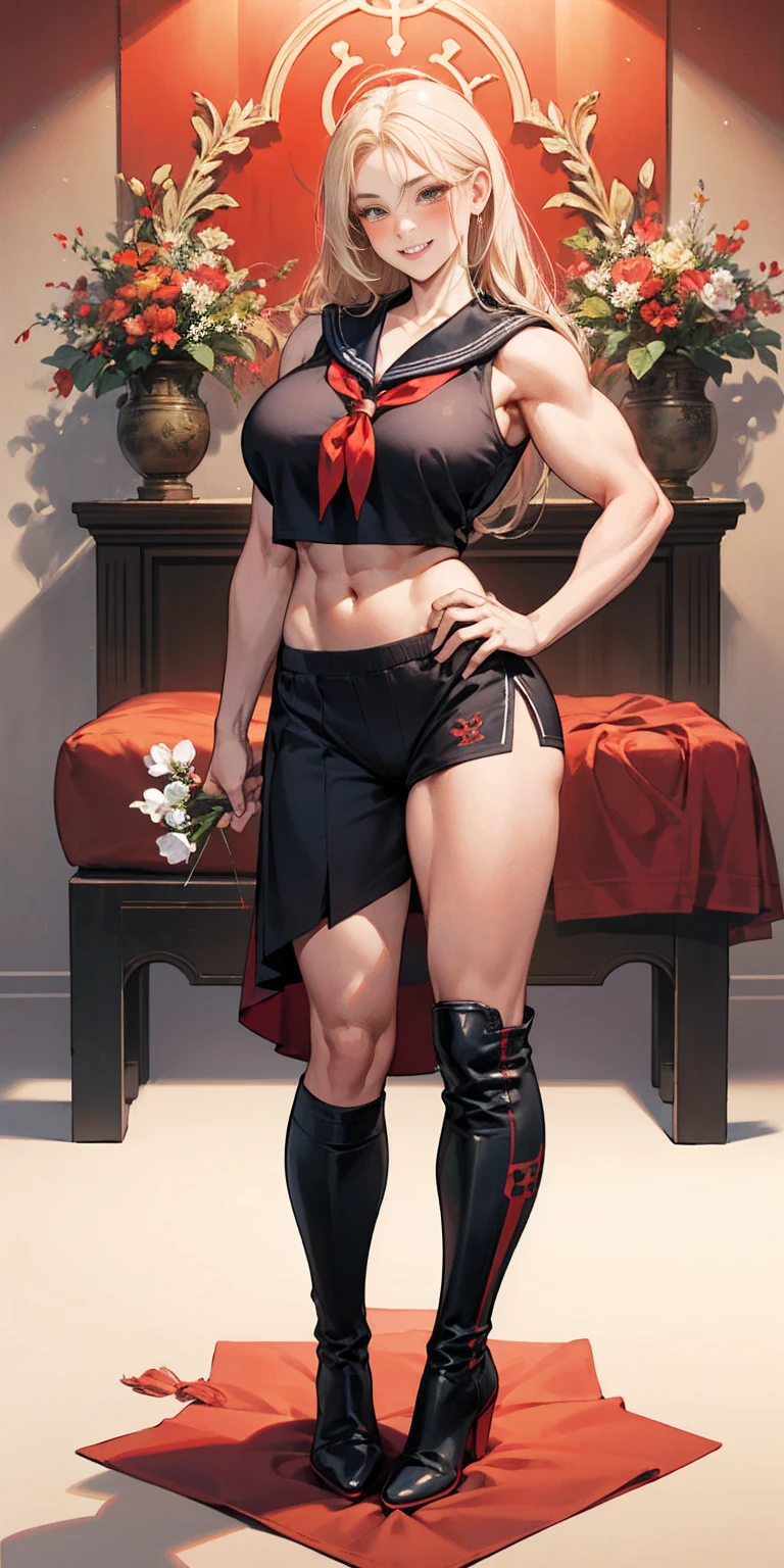 woman bodybuilder with very large calves very beautiful resemblance sailor uniform, full body standing symmetrical lustful smirking smile face (red blush), martial art, bouquet of flowers holding, full body toe to head, feet together, high boots, big breast, paladin warrior knight, hands on hips. red tattoo on belly, bedroom background, royal bedroom