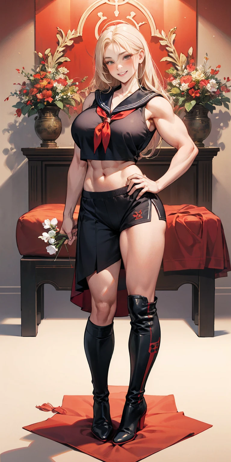 femme bodybuilder avec de très gros mollets très belle ressemblance uniforme de marin, corps entier debout symétrique lubrique sourire narquois visage (rougeur), art martial, bouquet de fleurs tenant, tout le corps, des pieds à la tête, pieds joints, bottes hautes, gros seins, chevalier guerrier paladin, Mains sur les hanches. tatouage rouge sur le ventre, fond de chambre, chambre royale