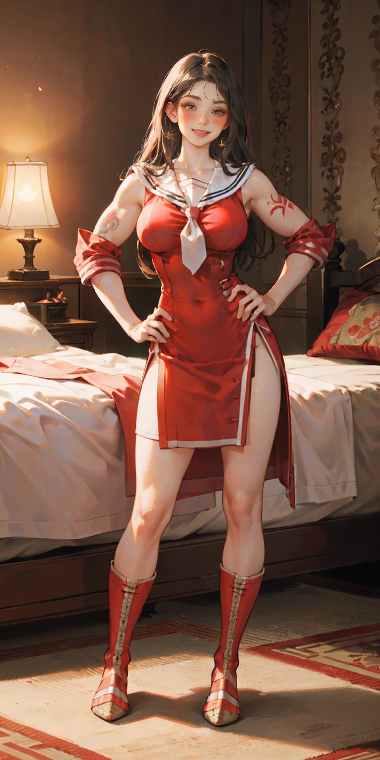 woman bodybuilder with very large calves very beautiful resemblance sailor uniform, full body standing symmetrical lustful smirking smile face (red blush), martial art, bouquet of flowers holding, full body toe to head, feet together, high boots, big breast, paladin warrior knight, hands on hips. red tattoo on belly, bedroom background, royal bedroom