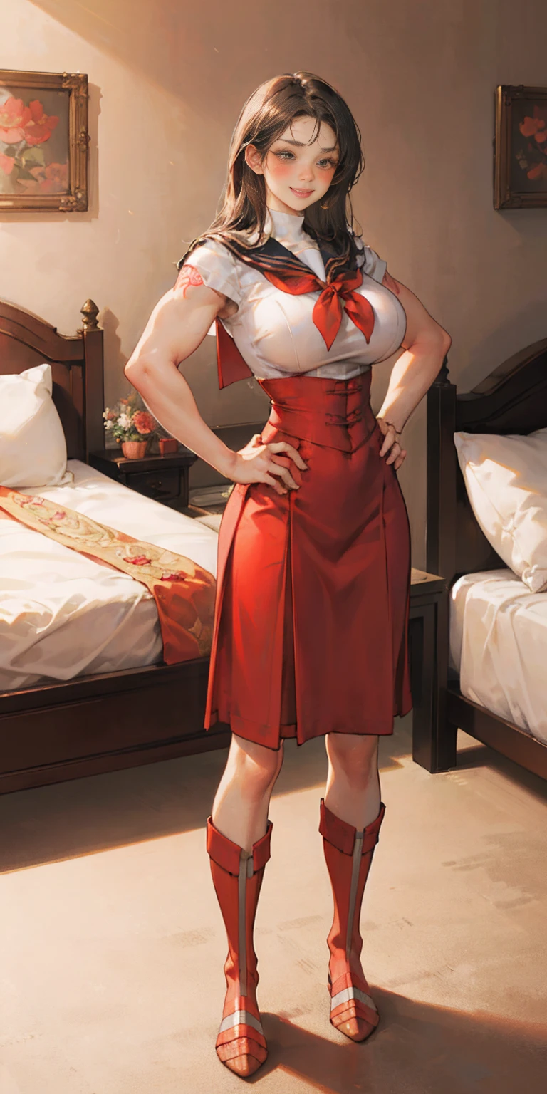 woman bodybuilder with very large calves very beautiful resemblance sailor uniform, full body standing symmetrical lustful smirking smile face (red blush), martial art, bouquet of flowers holding, full body toe to head, feet together, high boots, big breast, paladin warrior knight, hands on hips. red tattoo on belly, bedroom background, royal bedroom