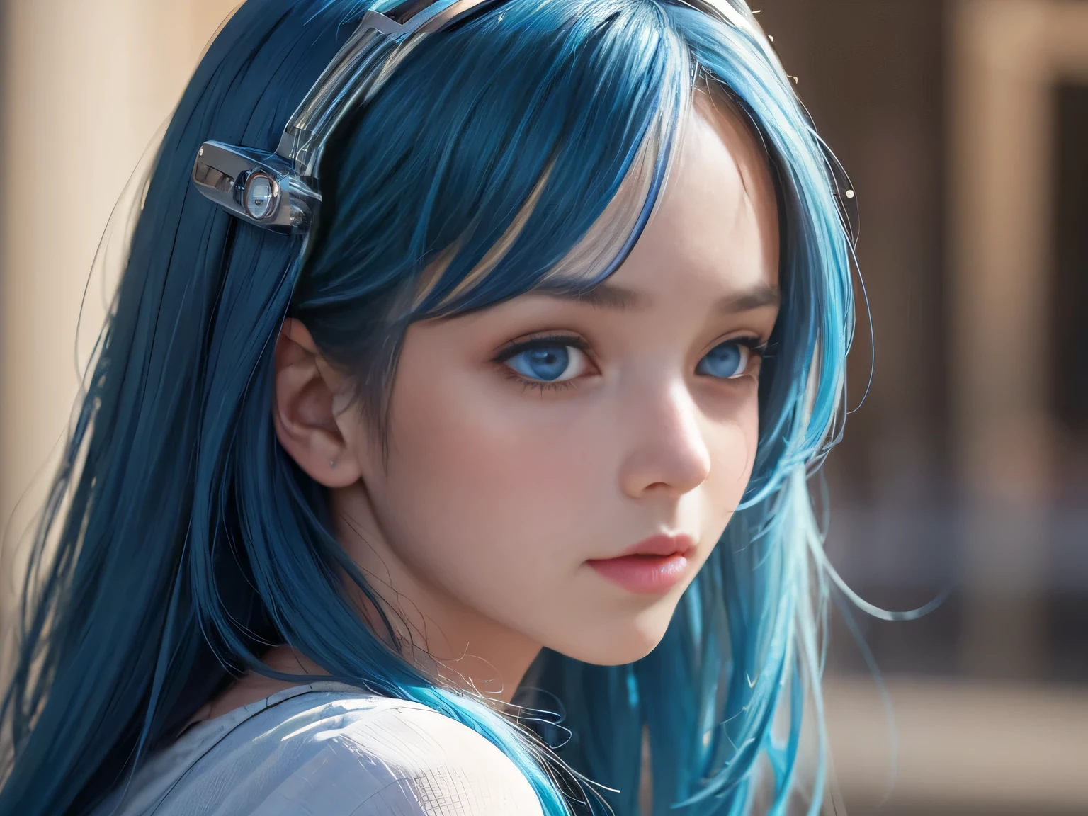 ((best quality)), ((masterpiece)), (detailed), 1girl, best quality, face focus, soft light, ultra high res, (photorealistic:1.4), RAW photo, blue hair, blue eyes, android, robot, Zoom in on face, face seen from the side,