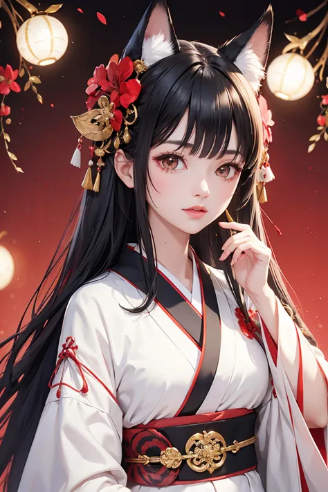 highest quality、a woman in her 20s with black hair、sacred vermilion and white kimono、fox mask、hair ornaments、background is gold