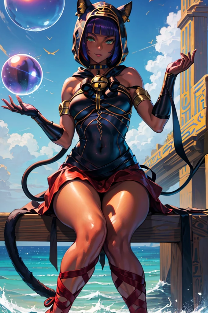 Masterpiece, best quality, absurdres, 1girl, sitting, beautiful legs, menat_holiday, crystal ball, light smile, dark skin, Green eyes, egyptian, bob cut, red dress, black hood, black gloves,shiny thighs,, tail, bell, bare shoulders,thighs,close up